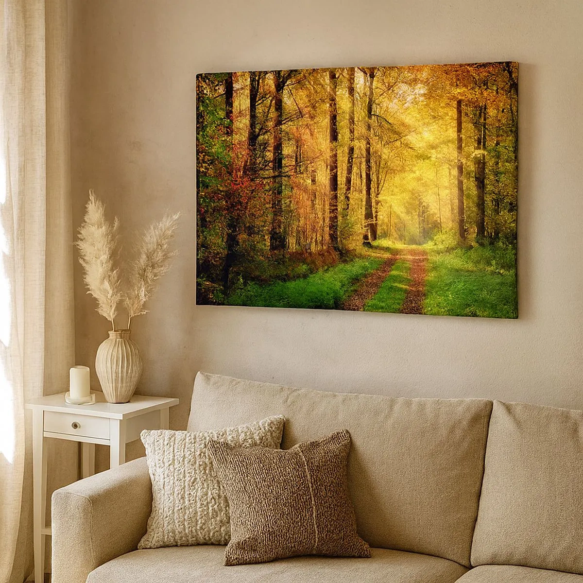 Quadro su tela - Stampe su Tela - Un sentiero nel bosco circondato da alberi dorati e verdi - 70x50cm - Il silenzio d'oro del bosco - Decorazione murale moderna per soggiorno e camera da letto ARTTOR