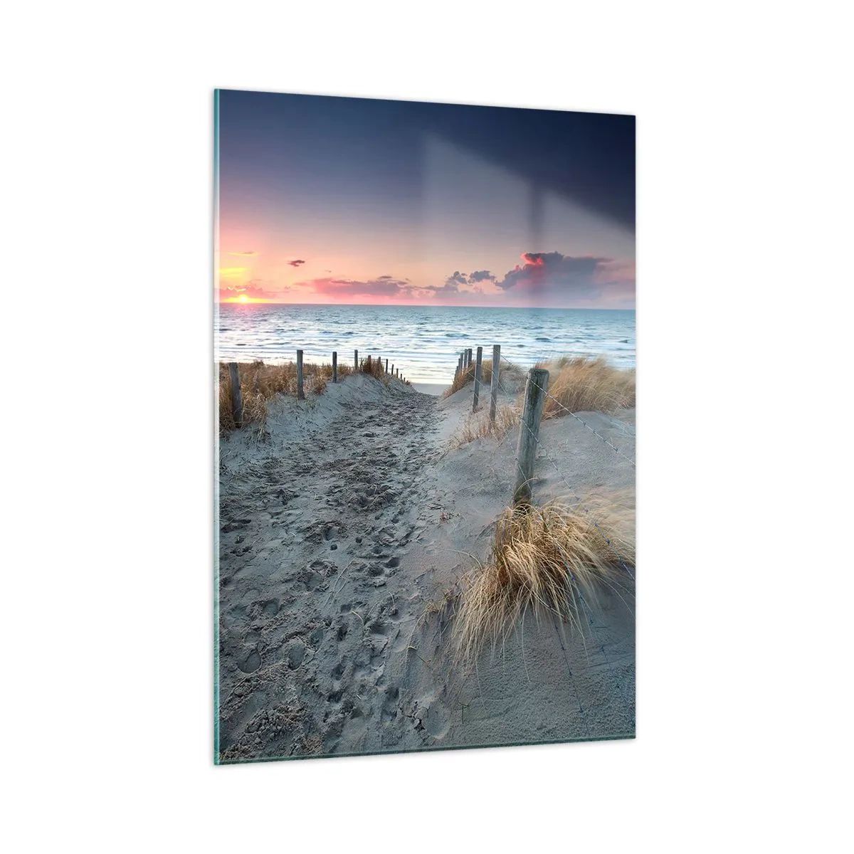 Quadro su vetro - Sentiero tra le dune che porta al mare al tramonto - 50x70cm - Hai versato un arcobaleno di luce radiosa... - Decorazione murale moderna per soggiorno e camera da letto ARTTOR