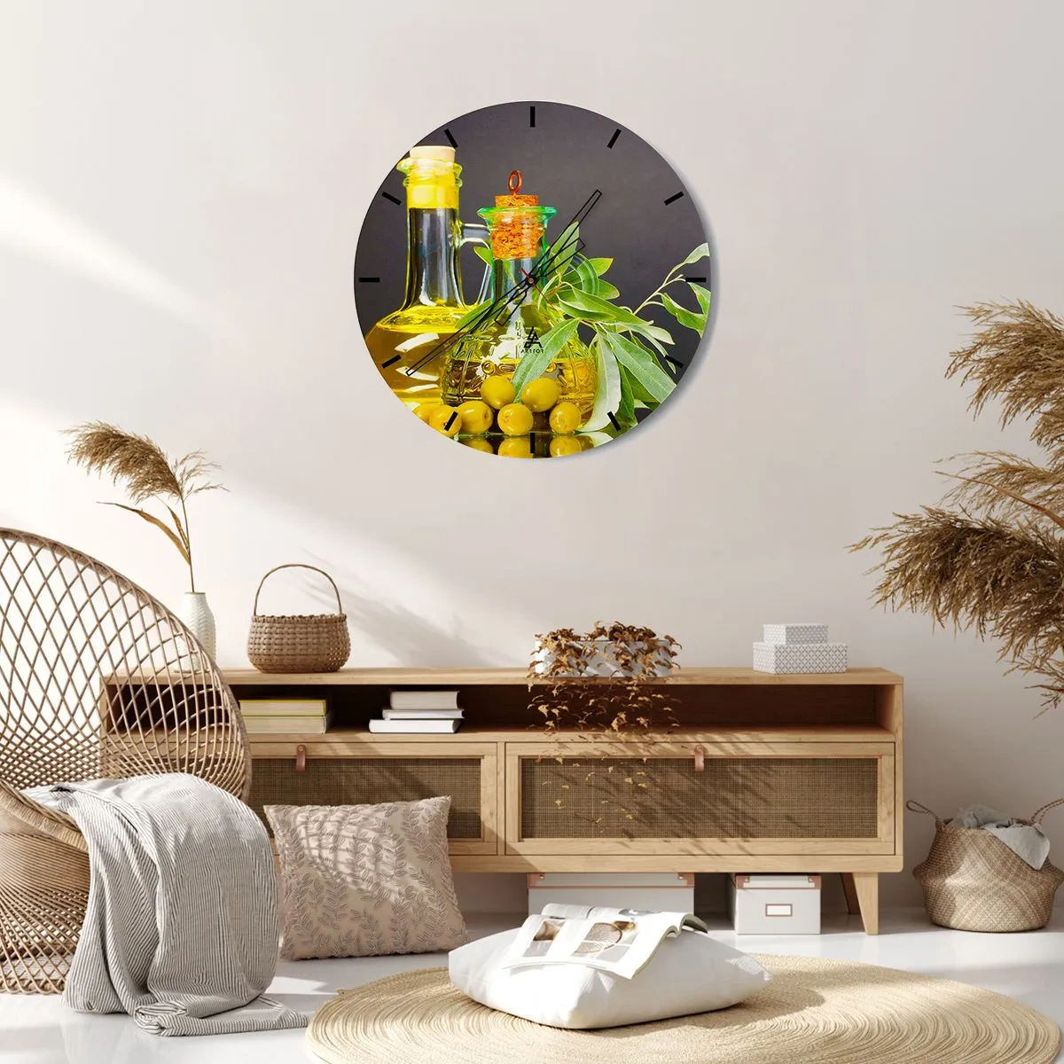Orologio da parete - Orologio in Vetro - Natura morta con olive e olio - 40x40 cm