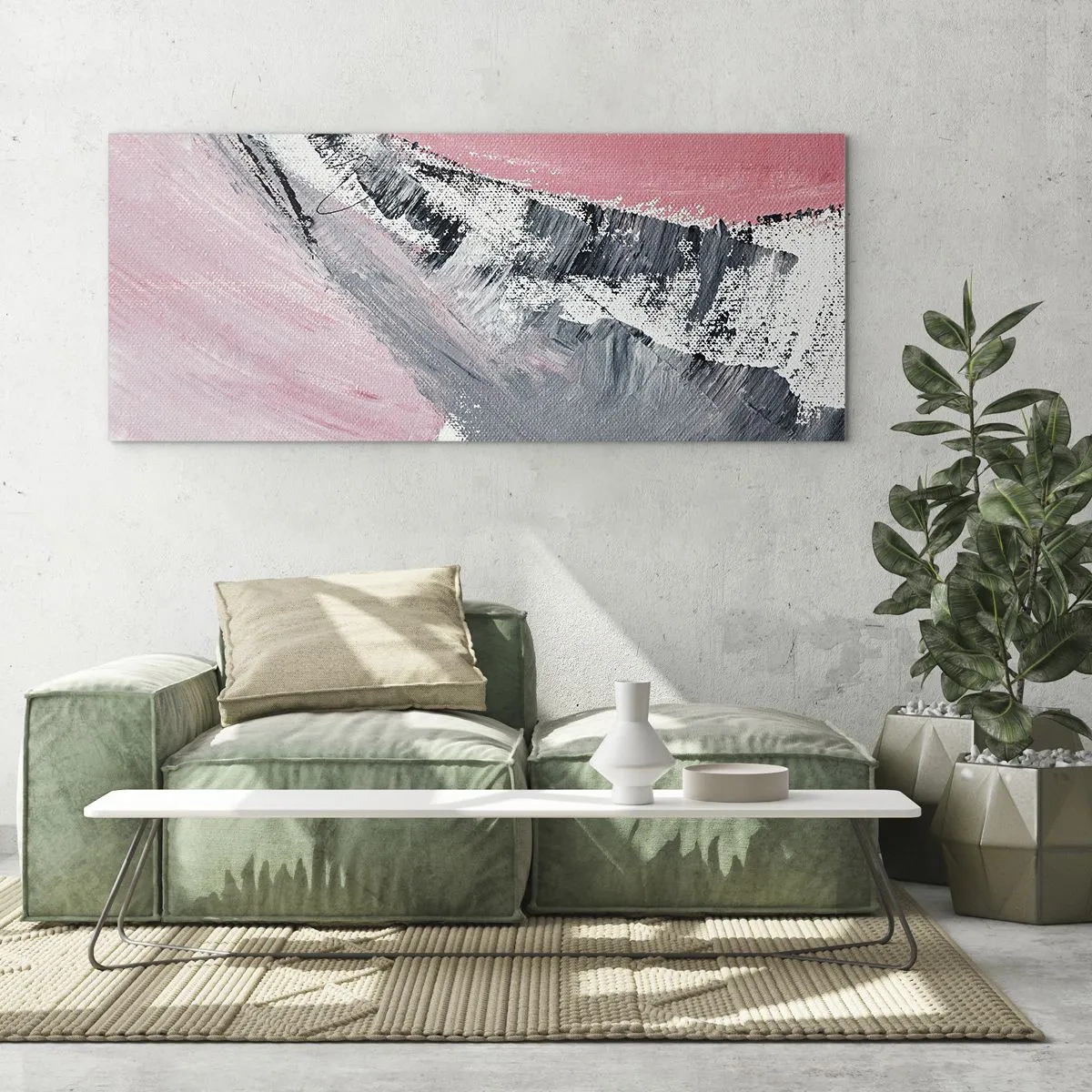 Quadro su vetro - Una composizione astratta nei toni del rosa e del grigio. - 120x50cm - Composizione abbinata - Decorazione murale moderna per soggiorno e camera da letto ARTTOR