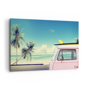 Quadro su tela - Stampe su Tela - Un furgone rosa con una tavola da surf sullo sfondo di una spiaggia tropicale. - 100x70cm - Tempo di vacanze - Decorazione murale moderna per soggiorno e camera da letto ARTTOR