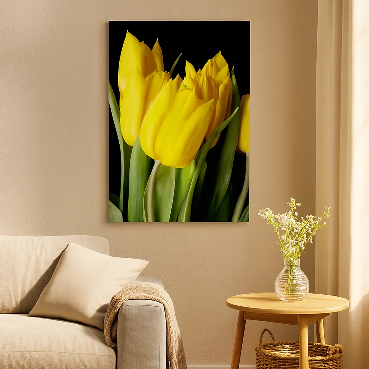 Quadro su tela - Stampe su Tela - Un mazzo di tulipani gialli su sfondo nero - 50x70cm - Fatti di puro sole - Decorazione murale moderna per soggiorno e camera da letto ARTTOR