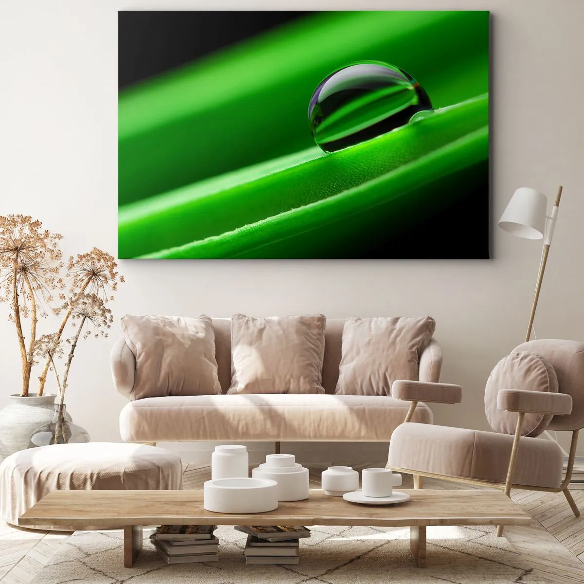 Quadro su tela - Stampe su Tela - Primo piano di una goccia di rugiada su una foglia verde - 120x80cm - La vita da vicino - Decorazione murale moderna per soggiorno e camera da letto ARTTOR