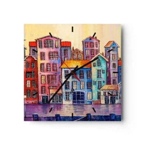 Orologio da parete - Orologio in Vetro - Case popolari colorate in riva all'acqua in stile artistico - 30x30cm - Una città da favola - Decorazione murale moderna per soggiorno e camera da letto ARTTOR