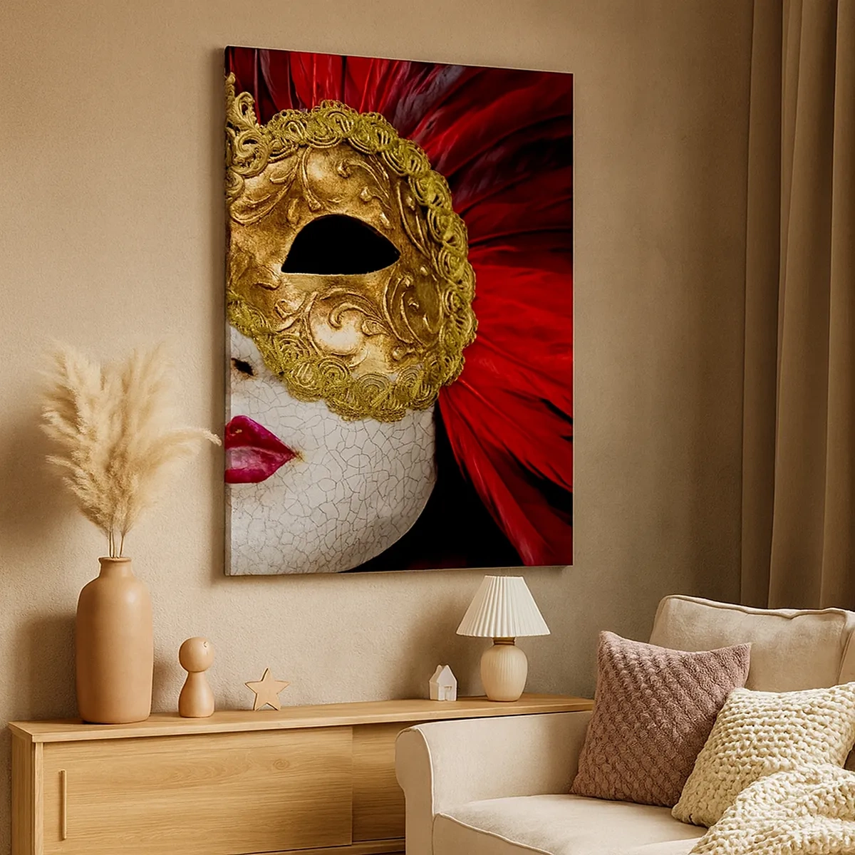 Quadro su tela - Stampe su Tela - Maschera veneziana dorata con piume rosse - 50x70cm - La promessa di un'avventura di carnevale - Decorazione murale moderna per soggiorno e camera da letto ARTTOR