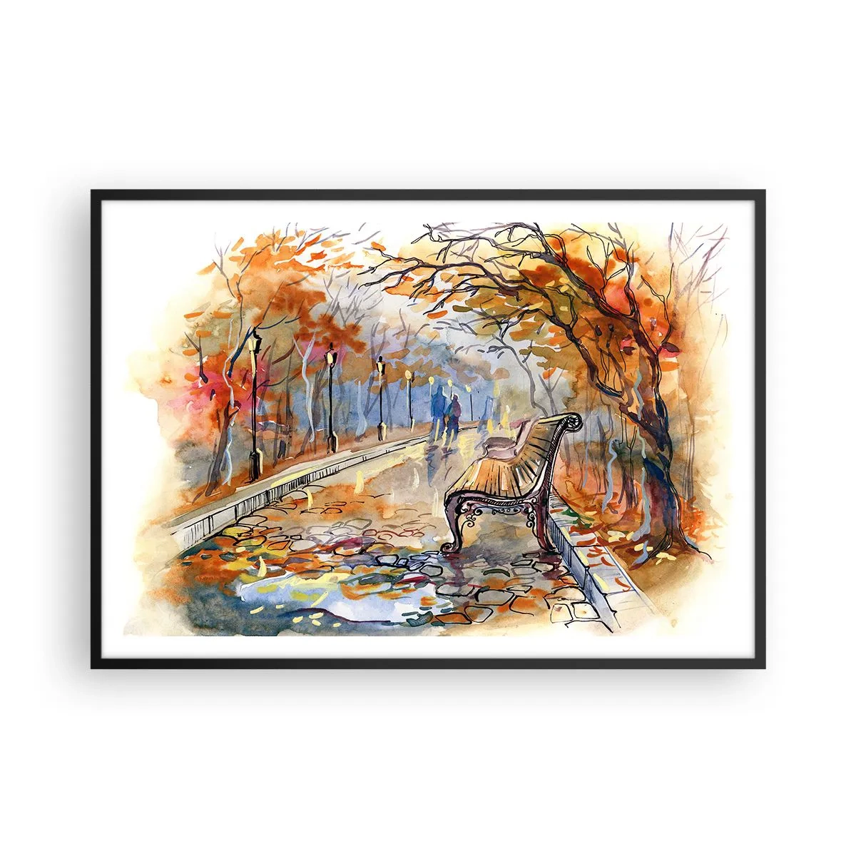 Poster in cornice nera - Un parco autunnale con una panchina in acquerello - 100x70cm - Passeggiando insieme l'autunno - Decorazione murale moderna per soggiorno e camera da letto ARTTOR
