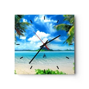 Orologio da parete - Orologio in Vetro - Spiaggia tropicale con palme e vista sull'isola - 30x30cm - L'azzurro dei tropici - Decorazione murale moderna per soggiorno e camera da letto ARTTOR