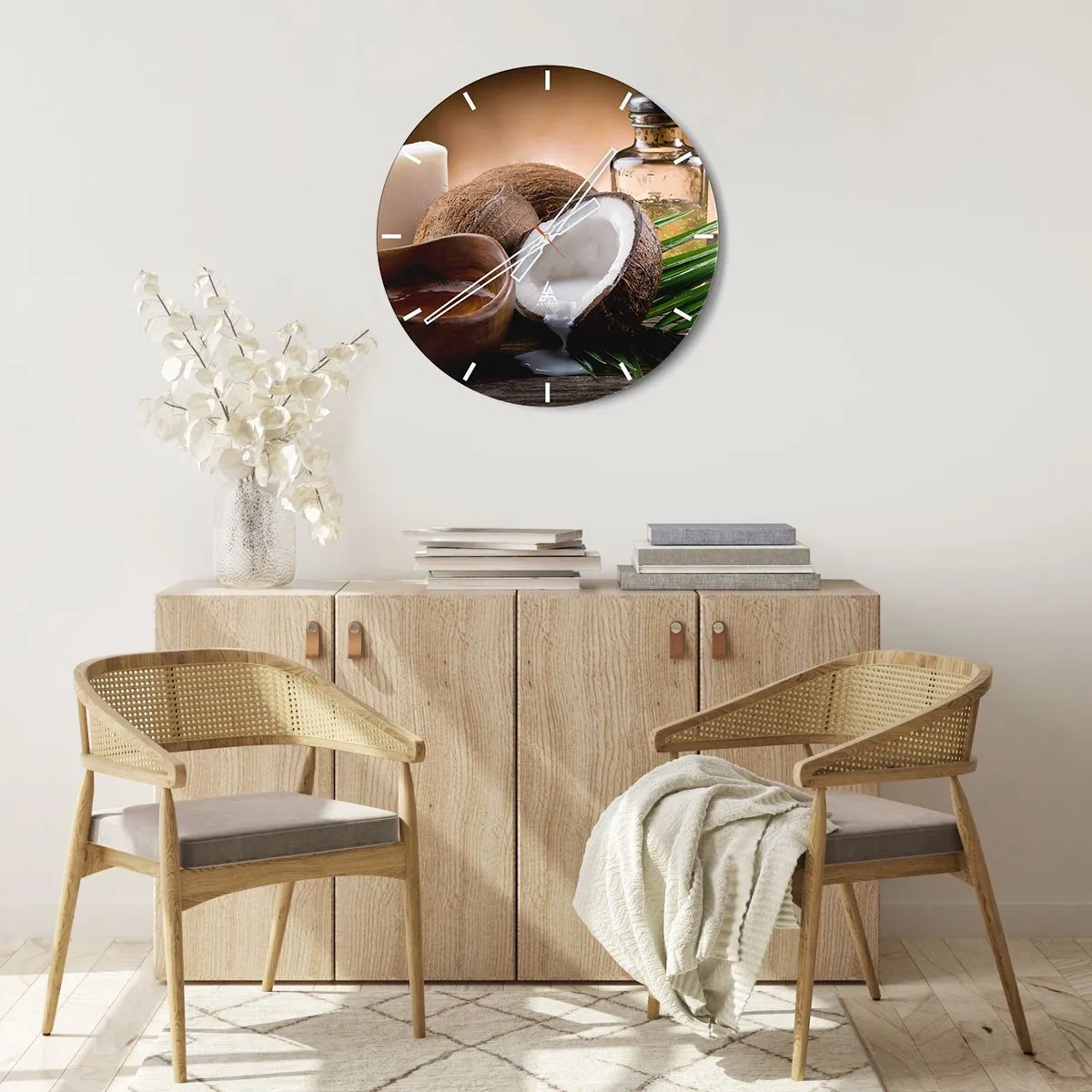 Orologio da parete - Orologio in Vetro - Cocco spaccato con latte e accessori tropicali - 30x30cm - Salute dalle isole tropicali - Decorazione murale moderna per soggiorno, cucina e camera da letto ARTTOR
