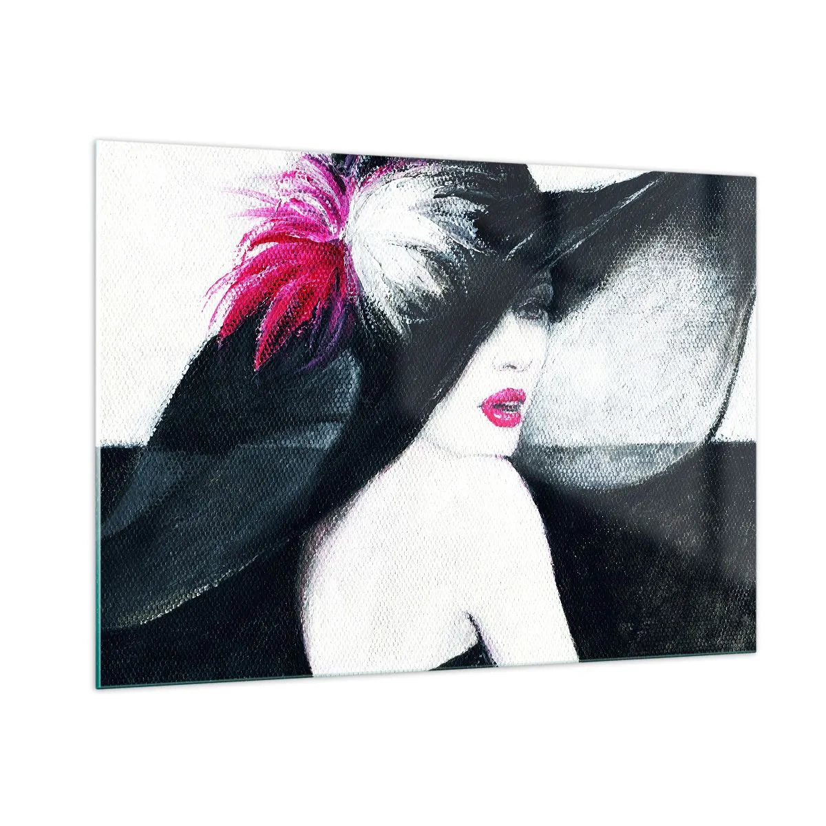 Quadro su vetro - Ritratto di una donna con un grande cappello con una piuma rosa - 100x70cm - Sempre un mistero - Decorazione murale moderna per soggiorno e camera da letto ARTTOR