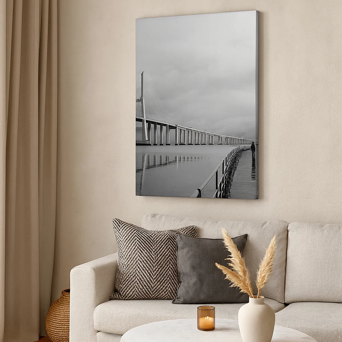 Quadro su tela - Stampe su Tela - Un ponte sospeso sull'acqua in bianco e nero - 50x70cm - A ciascuno ciò che gli spetta - Decorazione murale moderna per soggiorno e camera da letto ARTTOR