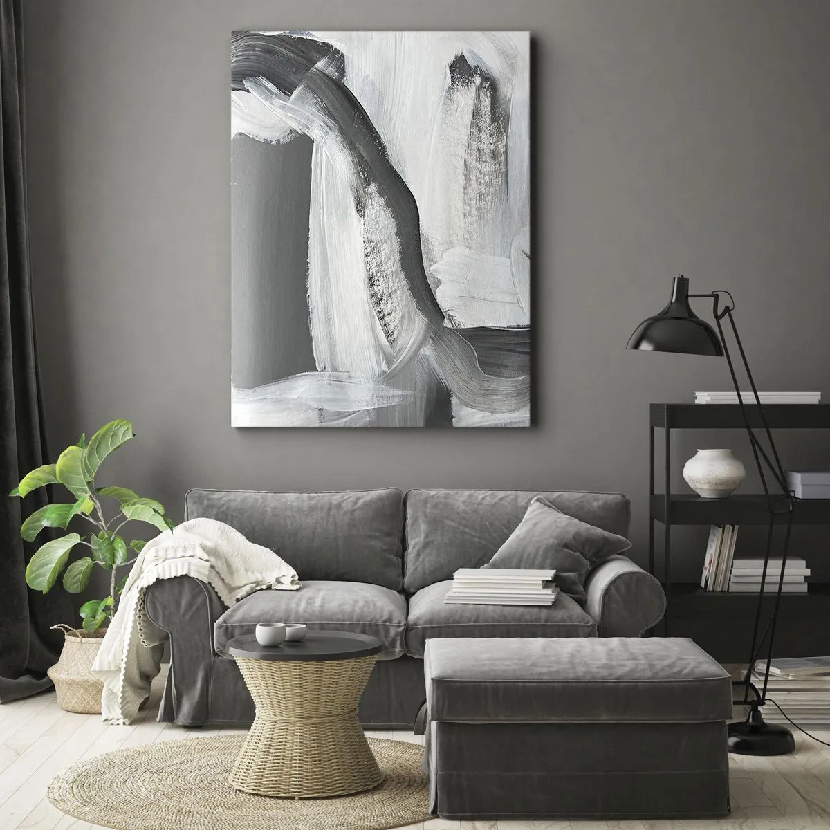 Quadro su tela - Stampe su Tela - Astrazione grigia e bianca con linee dinamiche - 50x70cm - Movimento deciso - Decorazione murale moderna per soggiorno e camera da letto ARTTOR