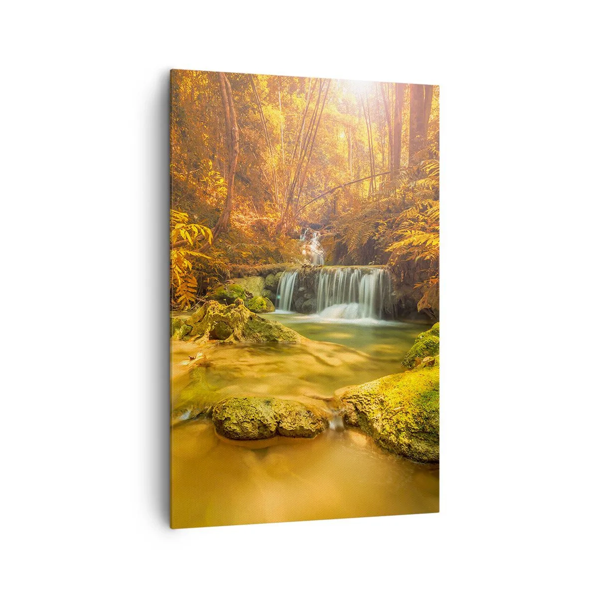 Quadro su tela - Stampe su Tela - Una cascata dorata in una foresta autunnale circondata dal verde - 80x120cm - Cascata boschiva in oro - Decorazione murale moderna per soggiorno e camera da letto ARTTOR
