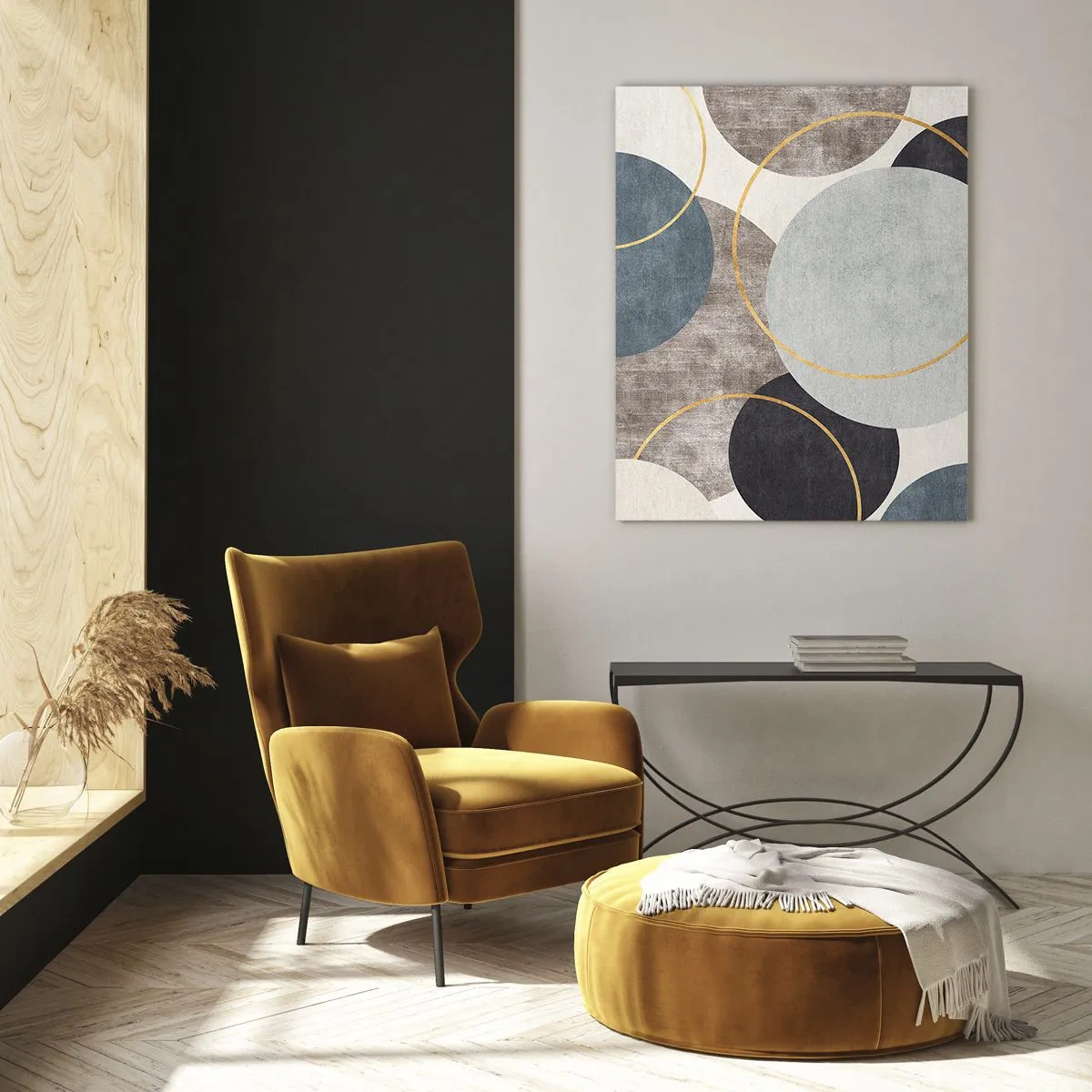 Quadro su vetro - Cerchi geometrici nelle tonalità del grigio, blu e oro - 70x100cm - Un cerchio dietro l'altro - Decorazione murale moderna per soggiorno e camera da letto ARTTOR