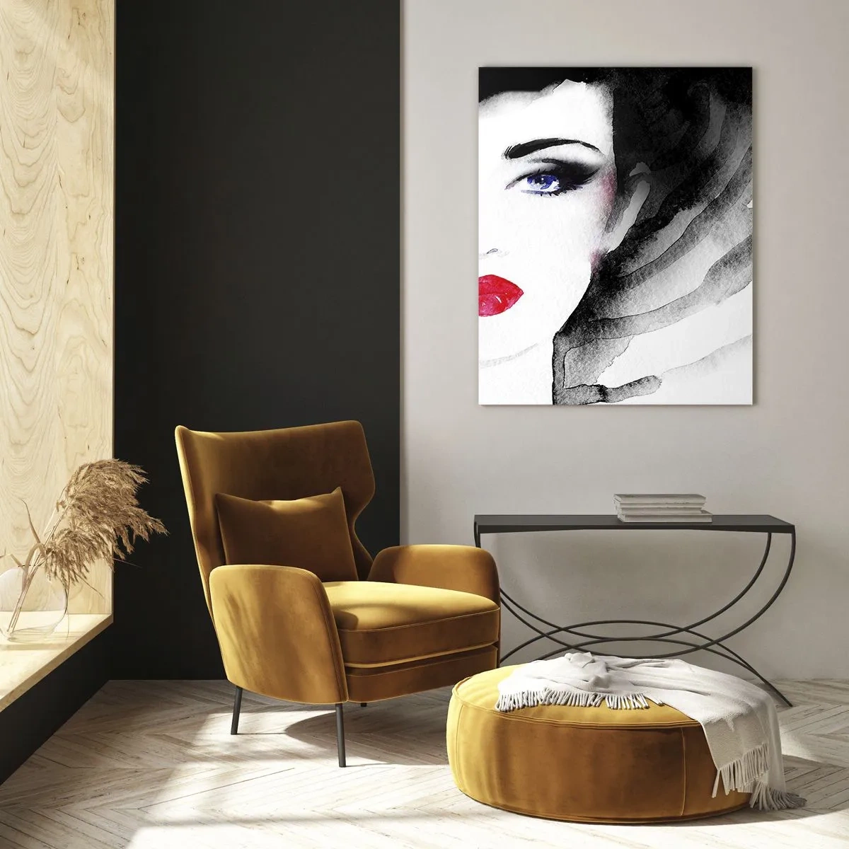 Quadro su vetro - Ritratto di una donna con labbra rosse e occhi azzurri intensi - 80x120cm - Respinge e richiama - Decorazione murale moderna per soggiorno e camera da letto ARTTOR