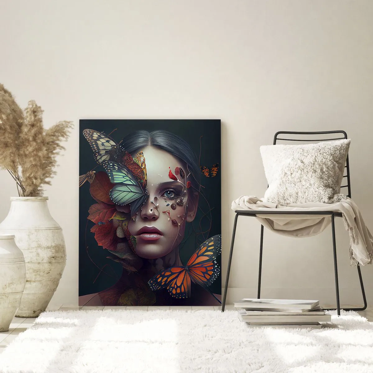 Quadro su vetro - Un volto di donna con farfalle e foglie in una composizione artistica - 50x70cm - Metamorfosi fantastica - Decorazione murale moderna per soggiorno e camera da letto ARTTOR
