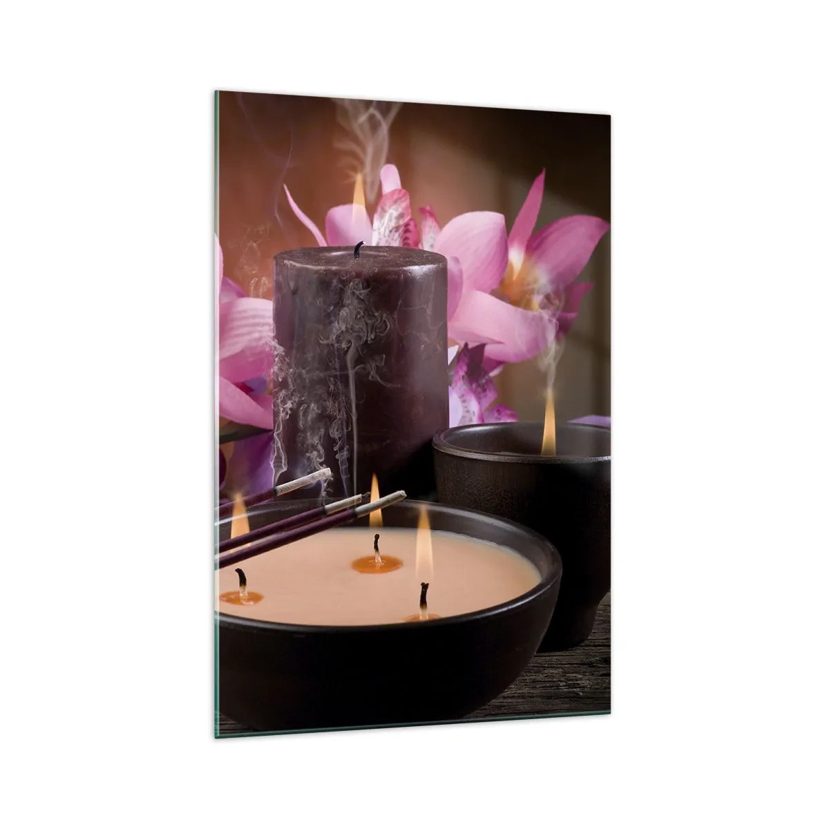 Quadro su vetro - Statuetta di Buddha con candele accese e bastoncini di incenso - 70x100cm - Purificare la mente, calmare il corpo - Decorazione murale moderna per soggiorno e camera da letto ARTTOR