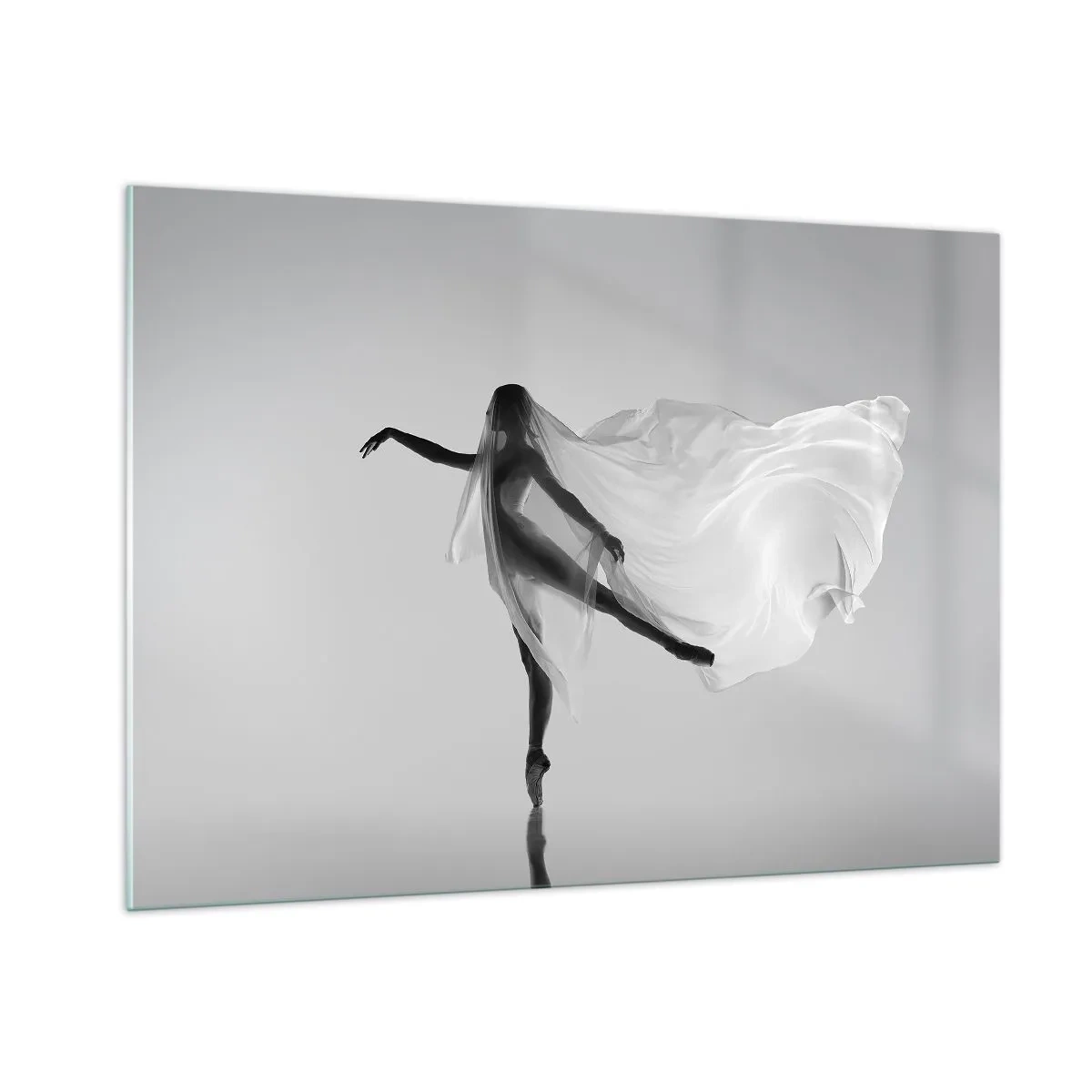 Quadro su vetro - Silhouette di una ballerina con un velo fluttuante in movimento - 100x70cm - Leggerezza ed eleganza - Decorazione murale moderna per soggiorno e camera da letto ARTTOR