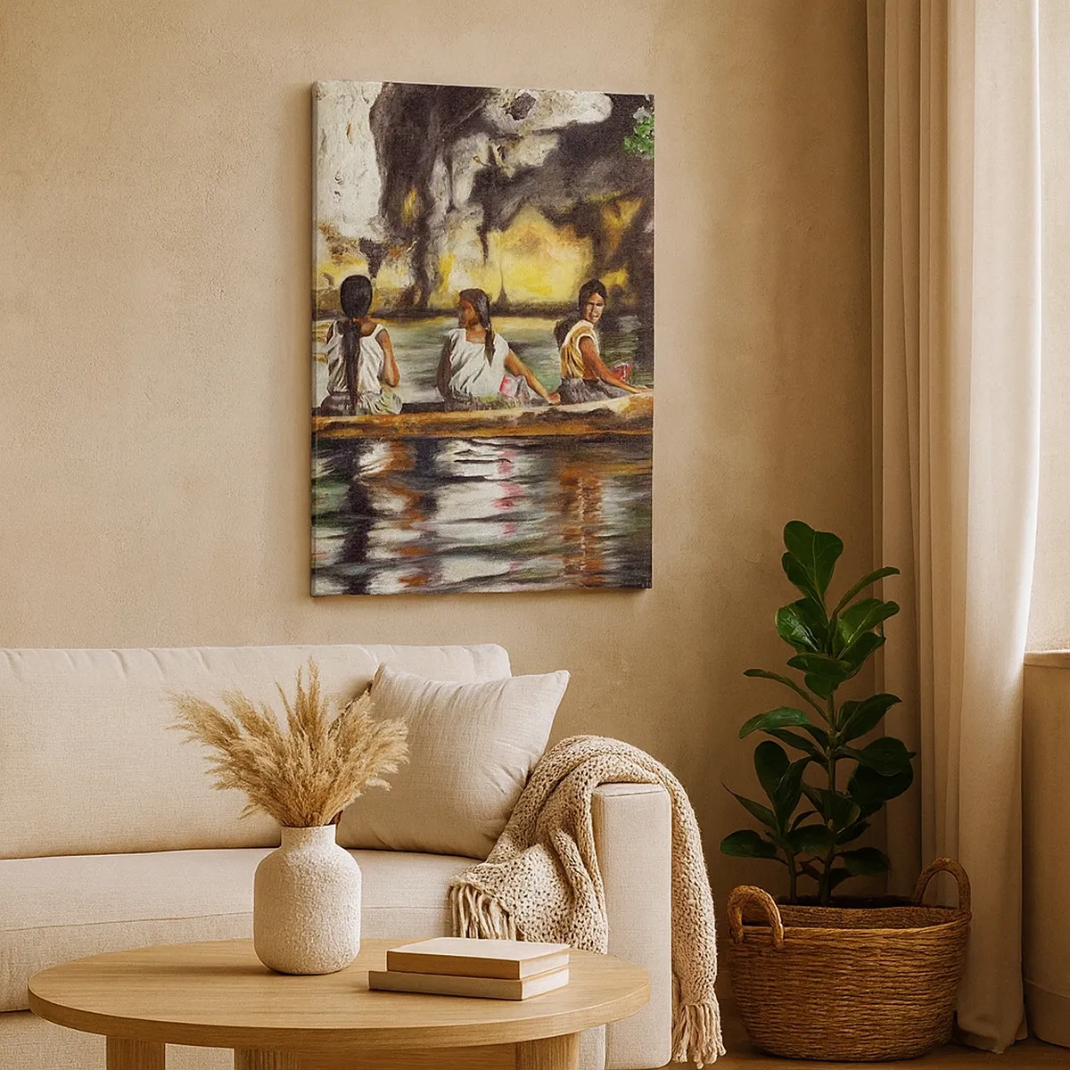 Quadro su tela - Stampe su Tela - Donne in barca su un fiume calmo con uno sfondo pittoresco - 50x70cm - Nel paradiso della Polinesia - Decorazione murale moderna per soggiorno e camera da letto ARTTOR