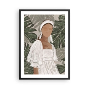 Poster in cornice nera - Una donna in abito bianco su uno sfondo di foglie verdi - 50x70cm - Ritratto esotico - Decorazione murale moderna per soggiorno e camera da letto ARTTOR