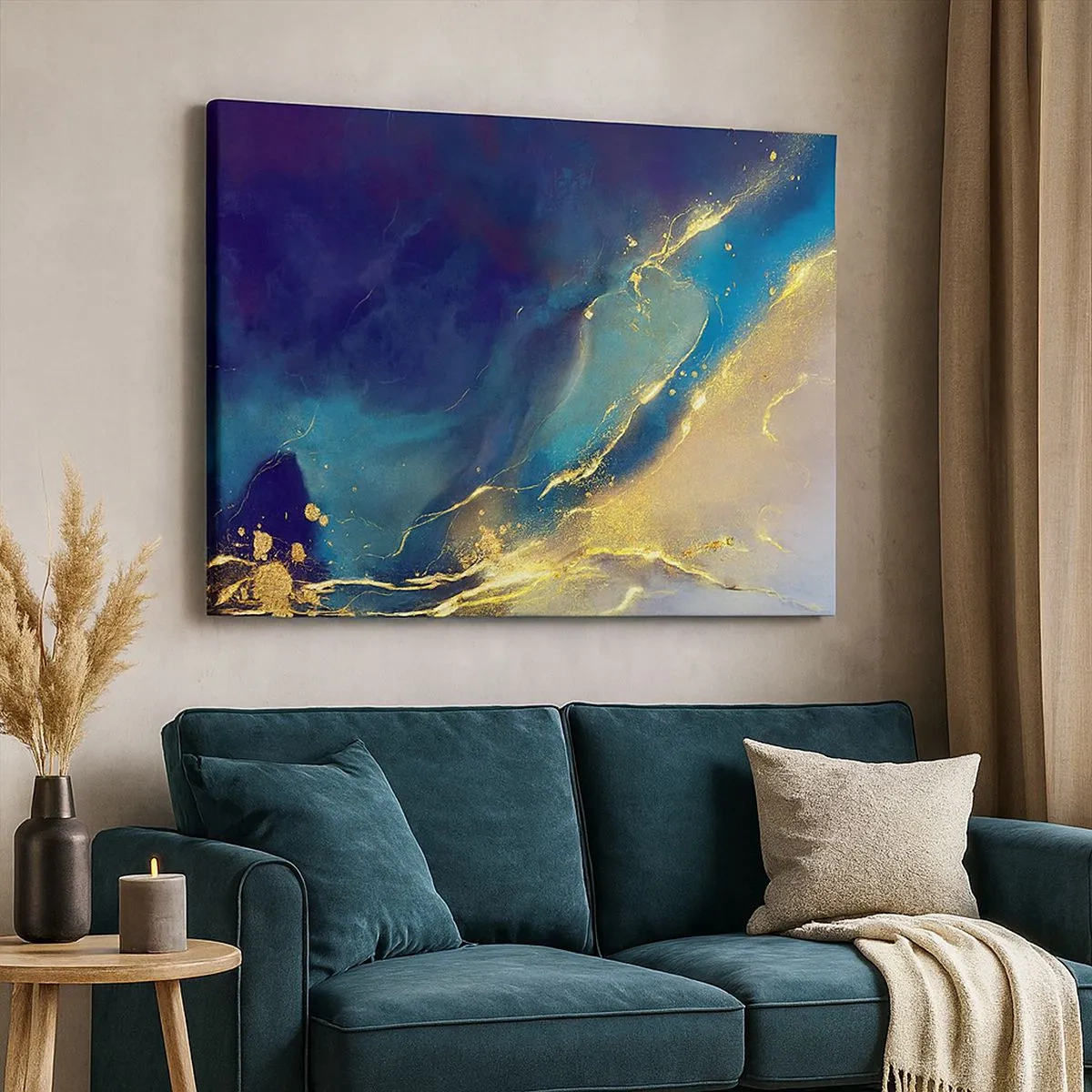 Quadro su tela - Stampe su Tela - Composizione astratta nei toni del blu e dell'oro su tela - 70x50cm - La palude dorata - Decorazione murale moderna per soggiorno e camera da letto ARTTOR