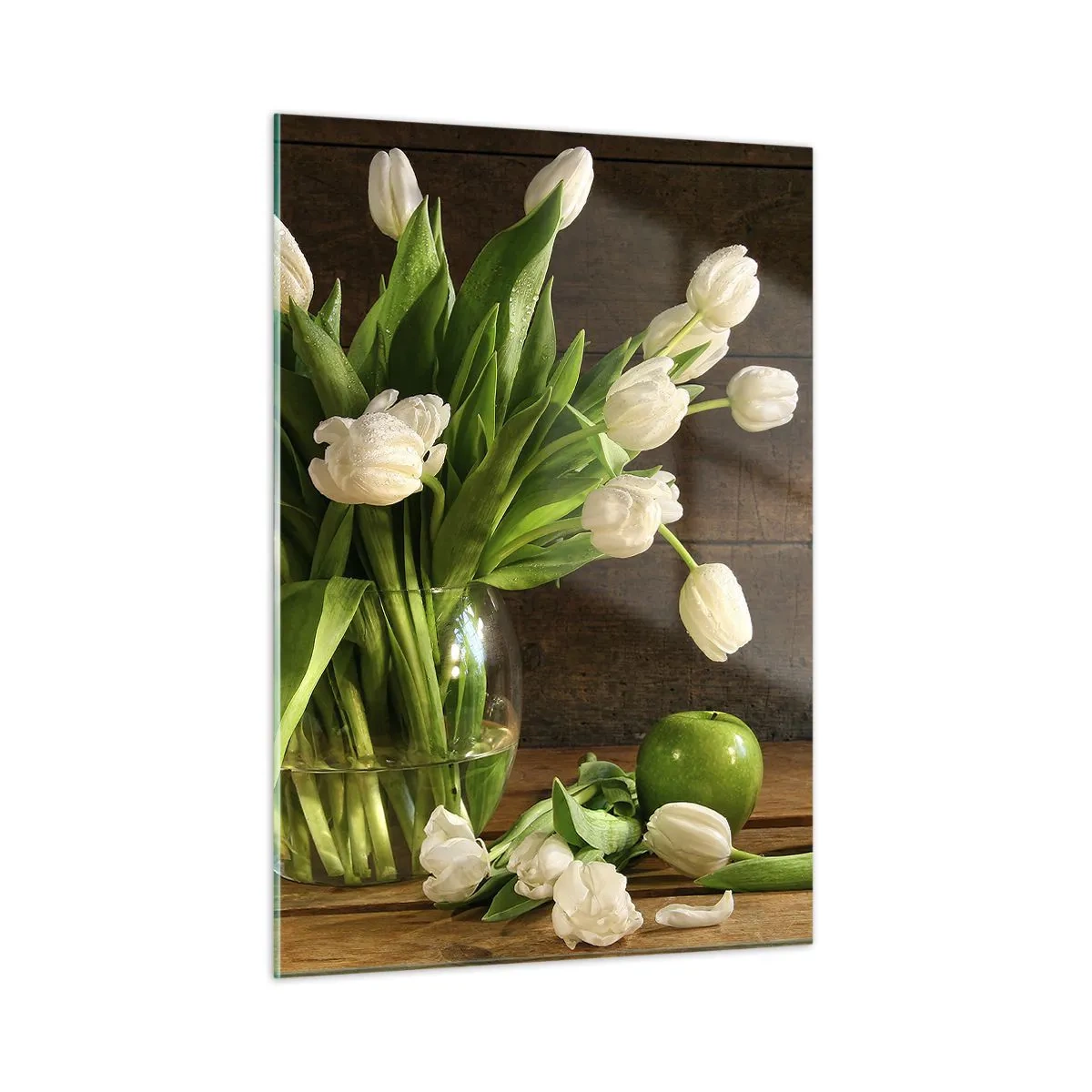 Quadro su vetro - Un vaso di tulipani bianchi e mele verdi su un tavolo di legno - 50x70cm - Freschezza in verde e bianco - Decorazione murale moderna per soggiorno e camera da letto ARTTOR
