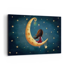 Quadro su tela - Stampe su Tela - Una ragazza sulla luna circondata dalle stelle - 120x80cm - Una volta... - Decorazione murale moderna per soggiorno e camera da letto ARTTOR