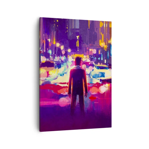 Quadro su tela - Stampe su Tela - Un uomo in una scena notturna di una città al neon - 50x70cm - Immerso nella luce - Decorazione murale moderna per soggiorno e camera da letto ARTTOR