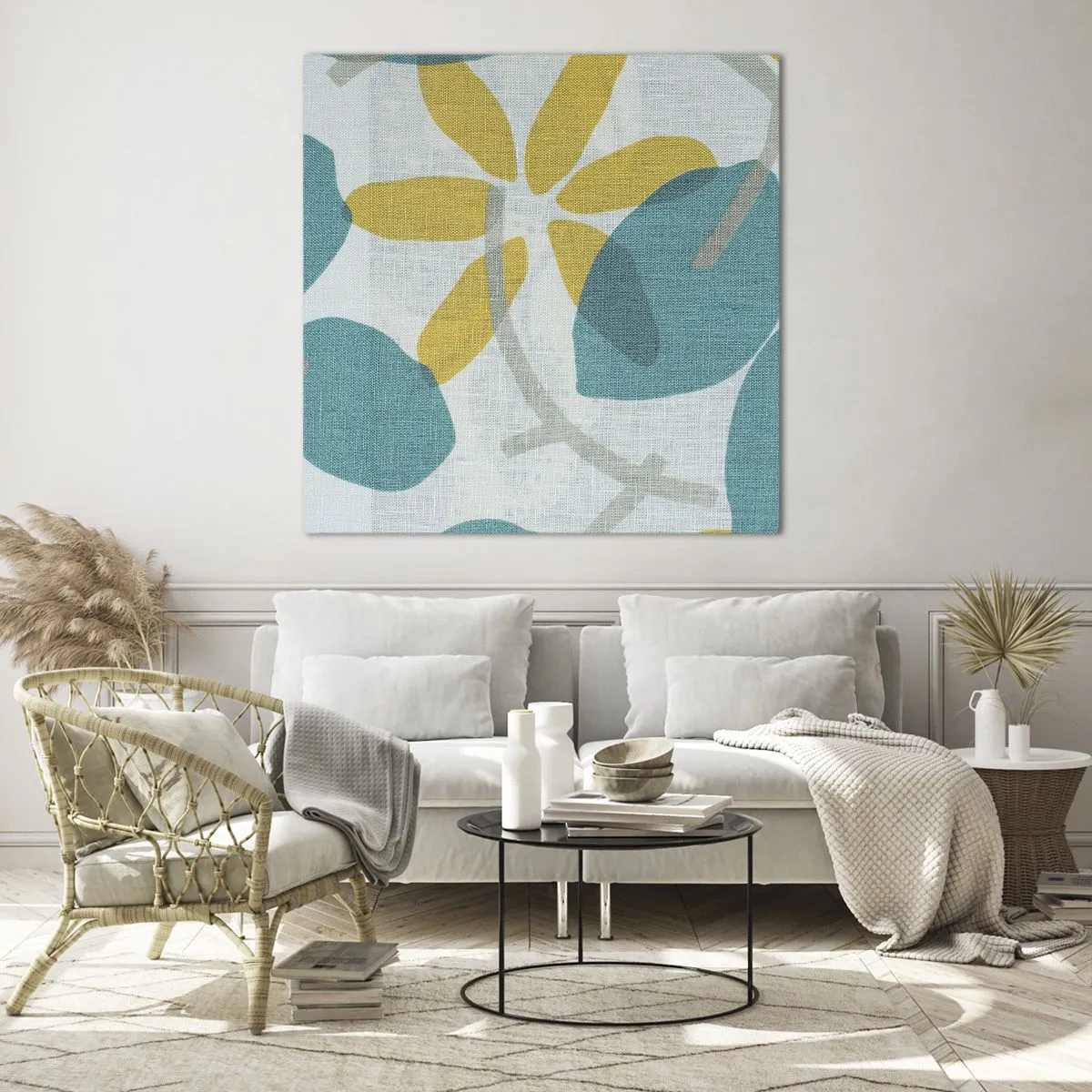 Quadro su vetro - Tra le foglie azzurre - 70x70 cm