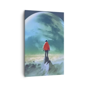 Quadro su tela - Stampe su Tela - Un uomo con una giacca rossa in piedi davanti a un grande pianeta con le stelle sullo sfondo. - 80x120cm - Scopritore di una nuova terra - Decorazione murale moderna per soggiorno e camera da letto ARTTOR