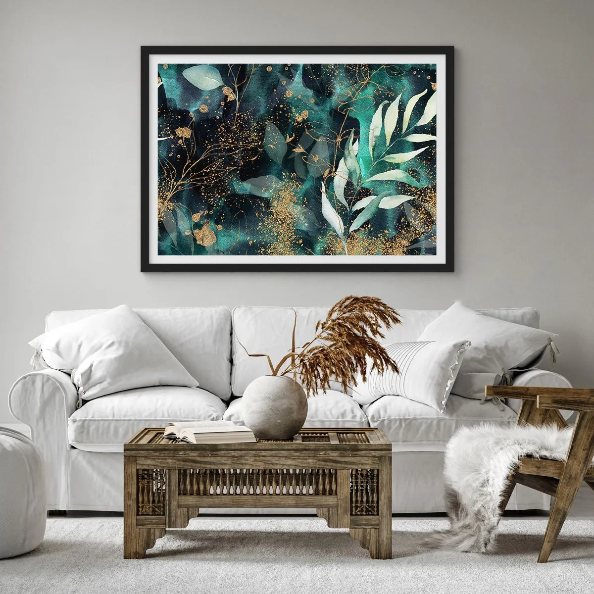 Poster in cornice nera - Eleganti foglie su sfondo scuro con accenti dorati - 70x50cm - Il giardino incantato - Decorazione murale moderna per soggiorno e camera da letto ARTTOR