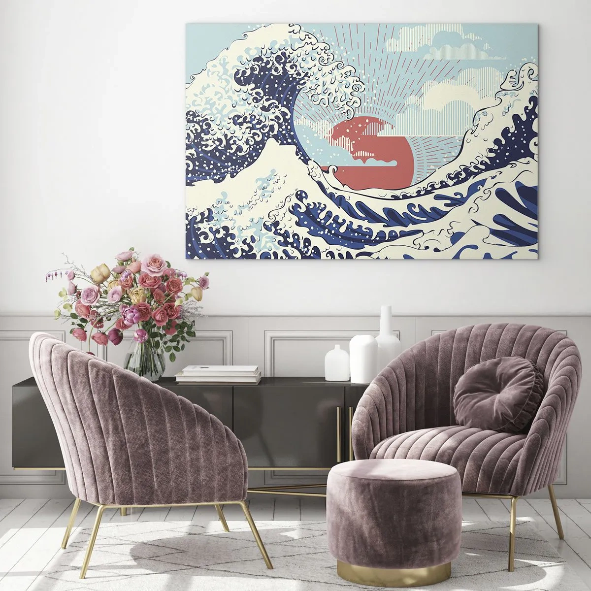 Quadro su vetro - Un'onda stilizzata ispirata all'arte giapponese - 70x50cm - Di ispirazione giapponese - Decorazione murale moderna per soggiorno e camera da letto ARTTOR