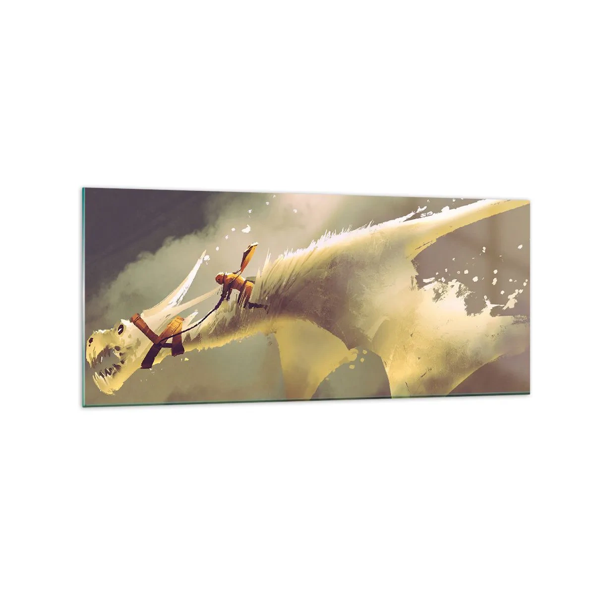 Quadro su vetro - Illustrazione di un cavaliere di draghi in un paesaggio fantasy nuvoloso - 120x50cm - Per salvare il mondo - Decorazione murale moderna per soggiorno e camera da letto ARTTOR