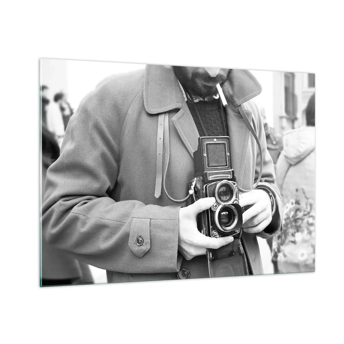 Quadro su vetro - Foto in bianco e nero di un uomo con una macchina fotografica analogica - 100x70cm - In stile retro - Decorazione murale moderna per soggiorno e camera da letto ARTTOR
