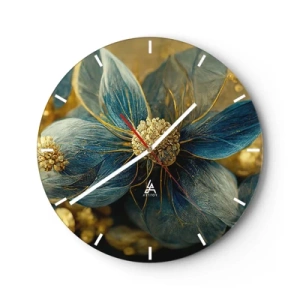 Orologio da parete - Orologio in Vetro - Un fiore nei colori oro e blu - 30x30cm - Fiorire d'oro - Decorazione murale moderna per soggiorno, cucina e camera da letto ARTTOR