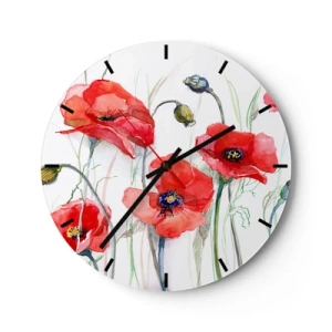 Orologio da parete - Orologio in Vetro - Un quadrante di orologio con un motivo acquerello di papaveri rossi su sfondo bianco. - 30x30cm - Fiori polacchi - Decorazione murale moderna per soggiorno, cucina e camera da letto ARTTOR