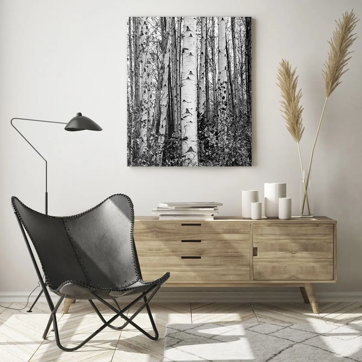 Quadro su vetro - Betulle bianche e nere nella foresta - 70x100cm - Colonnato di betulle - Decorazione murale moderna per soggiorno e camera da letto ARTTOR