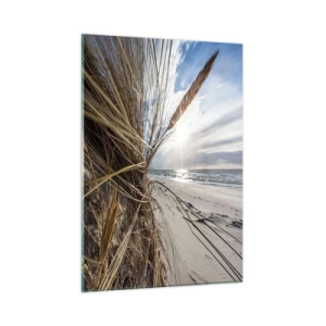 Quadro su vetro - Erba dorata sullo sfondo di una spiaggia sabbiosa e del mare - 50x70cm - L'incontro degli elementi - Decorazione murale moderna per soggiorno e camera da letto ARTTOR