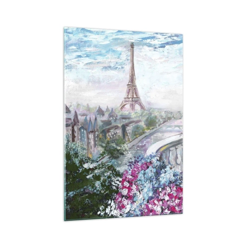 Quadro su vetro - Una vista romantica di Parigi con la Torre Eiffel e un balcone pieno di fiori - 70x100cm - Bellissimo qui a maggio - Decorazione murale moderna per soggiorno e camera da letto ARTTOR