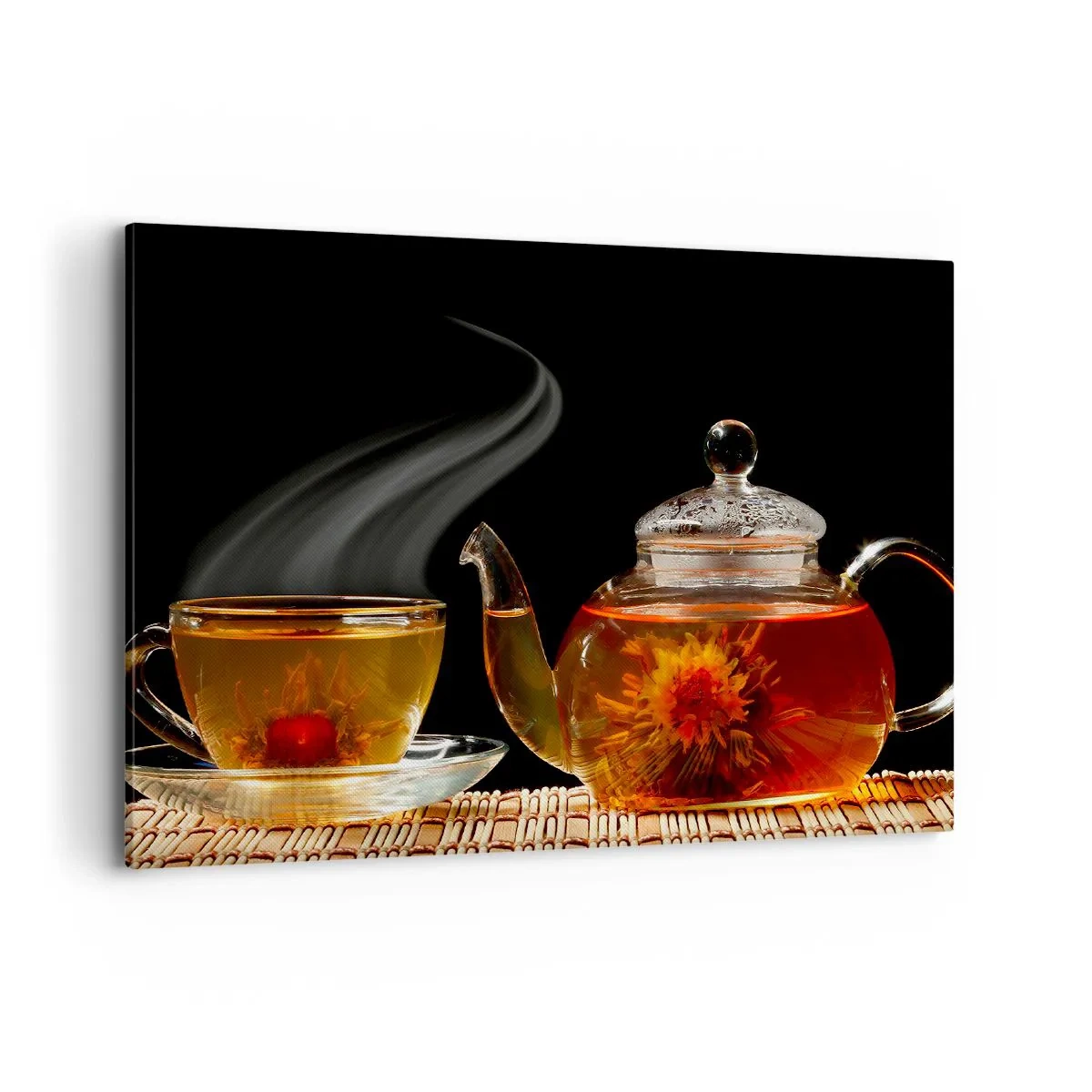 Quadro su tela - Stampe su Tela - Teiera di vetro con tè ai fiori e una tazza - 100x70cm - La magia e l'arte del tè - Decorazione murale moderna per soggiorno e camera da letto ARTTOR