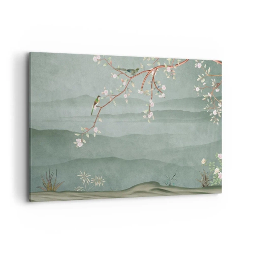 Quadro su tela - Stampe su Tela - Un'immagine pittoresca di un ramo di albero fiorito con uccelli sullo sfondo di verdi colline. - 120x80cm - Eccoti primavera - Decorazione murale moderna per soggiorno e camera da letto ARTTOR