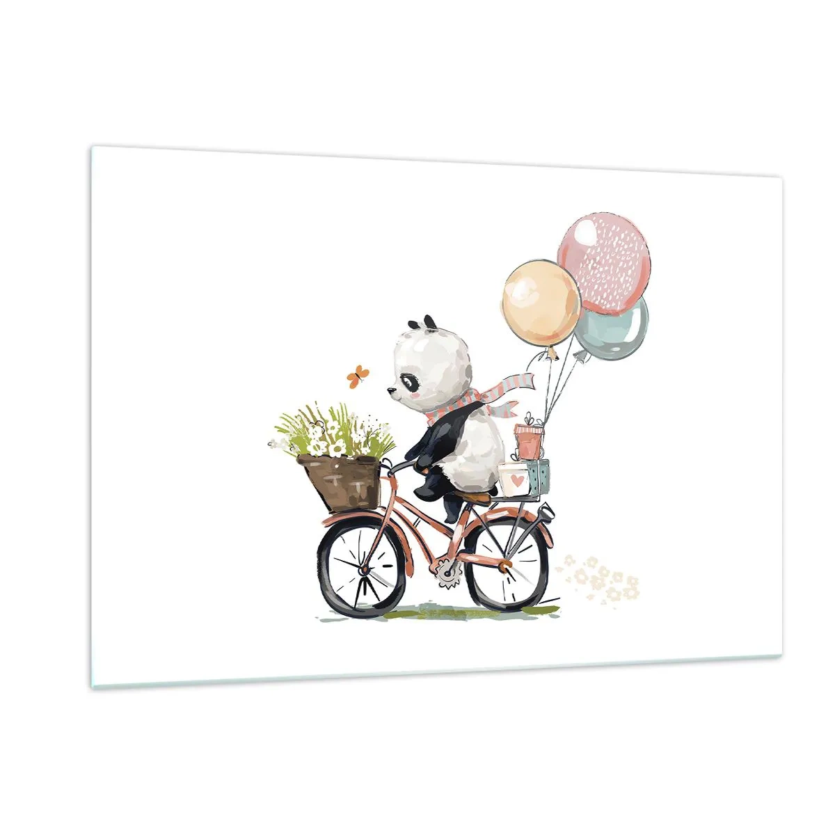 Quadro su vetro - Un panda in bicicletta con palloncini e un cesto di fiori. - 120x80cm - Giorno felice - Decorazione murale moderna per soggiorno e camera da letto ARTTOR