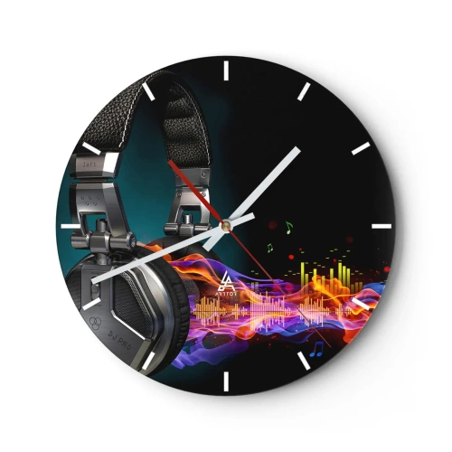 Orologio da parete - Orologio in Vetro - Cuffie con visualizzazione musicale ed effetti cromatici - 30x30cm - Nel fuoco della musica - Decorazione murale moderna per soggiorno, cucina e camera da letto ARTTOR