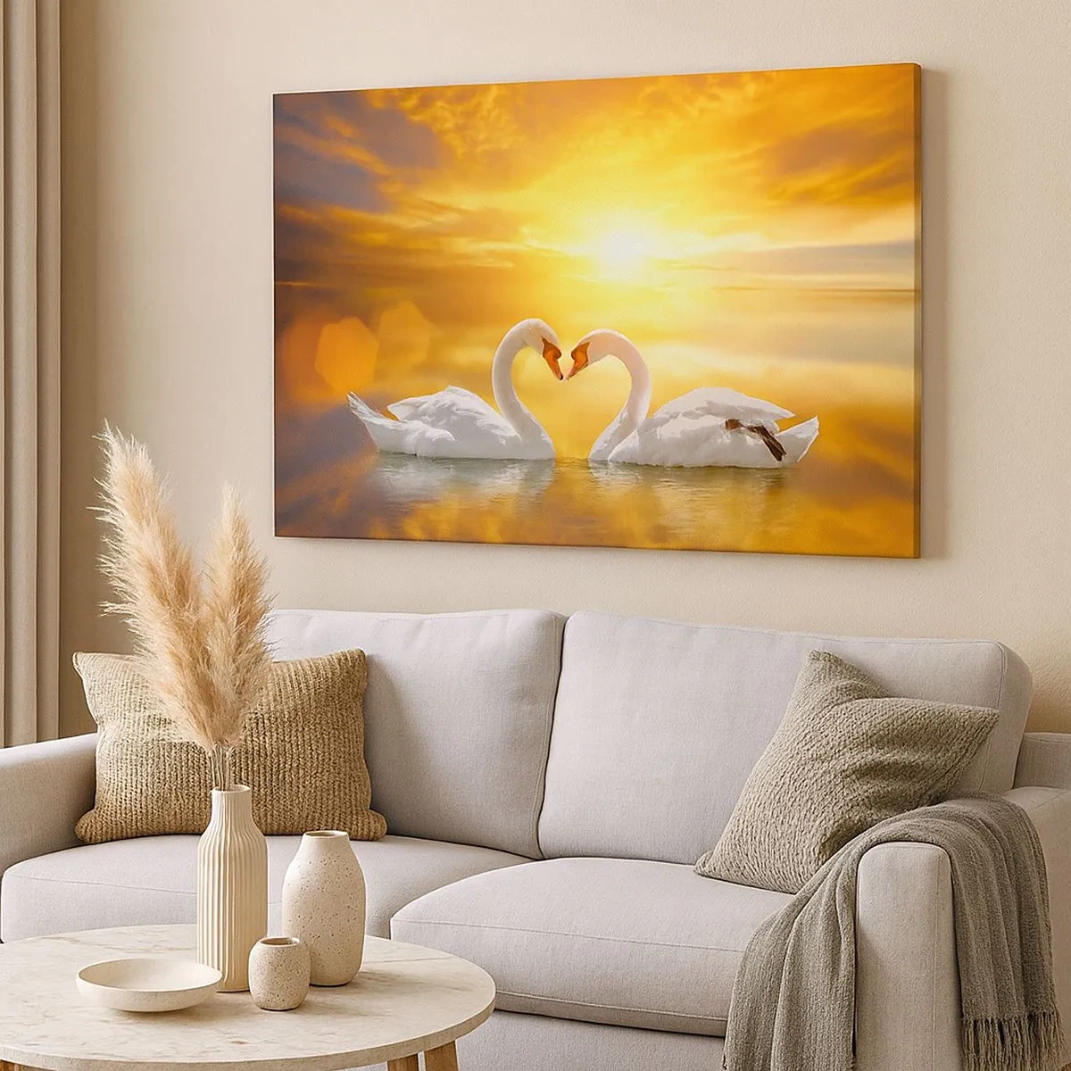 Quadro su tela - Stampe su Tela - Una scena romantica di due cigni che formano un cuore sullo sfondo di un tramonto dorato. - 70x50cm - Cuore è la più bella parola del mondo… - Decorazione murale moderna per soggiorno e camera da letto ARTTOR
