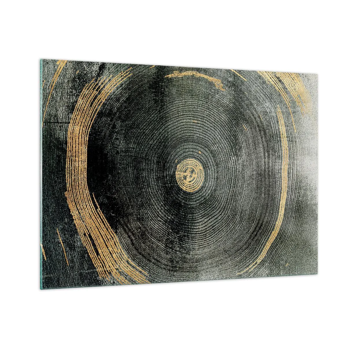 Quadro su vetro - Sezione trasversale di un tronco d'albero con dettagli e accenti dorati - 100x70cm - Cambiamento e persistenza - Decorazione murale moderna per soggiorno e camera da letto ARTTOR