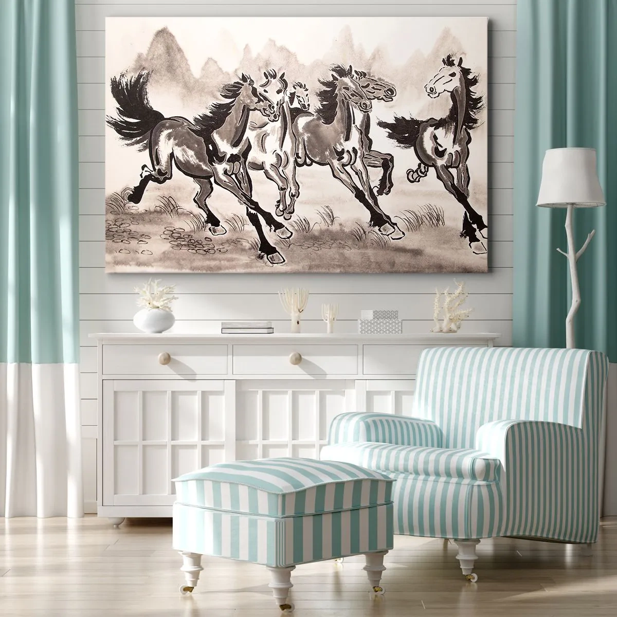 Quadro su tela - Stampe su Tela - Grafica dinamica di cavalli al galoppo in stile orientale - 70x50cm - Al galoppo con gioia - Decorazione murale moderna per soggiorno e camera da letto ARTTOR
