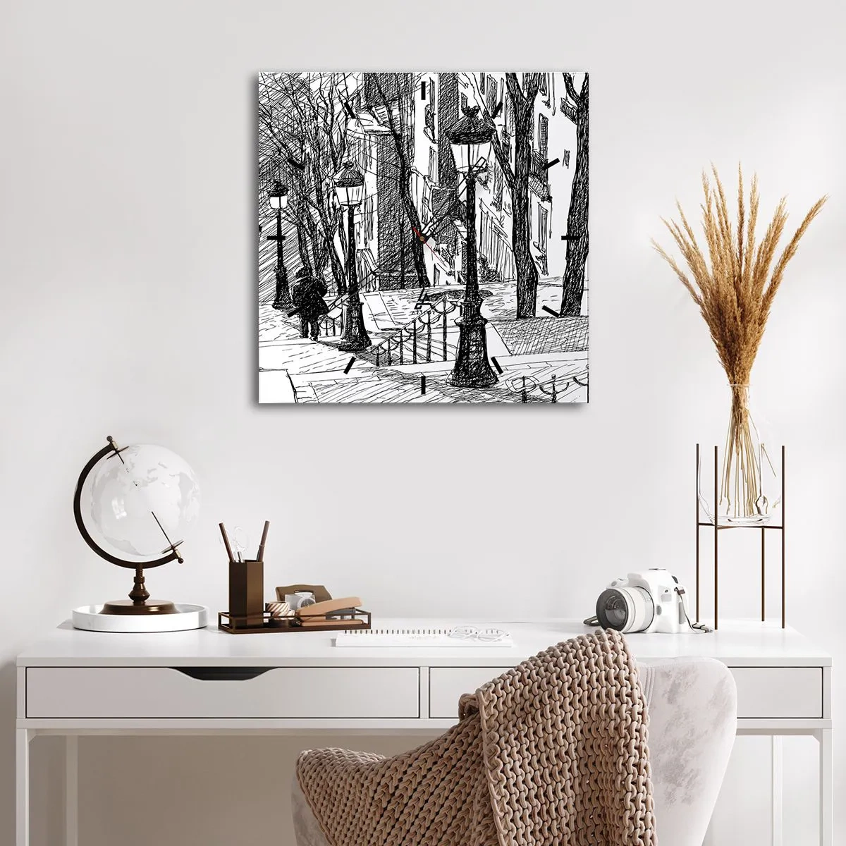 Orologio da parete - Orologio in Vetro - Una strada con lampioni e una sagoma umana in tecnica di schizzo - 30x30cm - Storia d'amore o racconto di paura? - Decorazione murale moderna per soggiorno e camera da letto ARTTOR