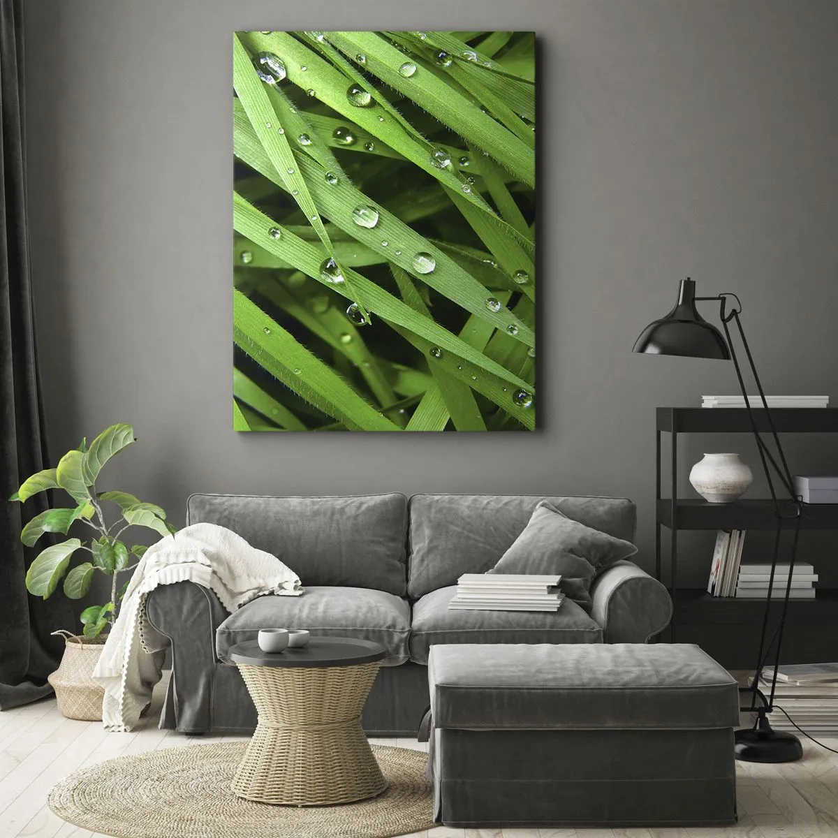 Quadro su tela - Stampe su Tela - Primo piano di fili d'erba verdi con gocce di rugiada - 50x70cm - Giocando con il verde - Decorazione murale moderna per soggiorno e camera da letto ARTTOR
