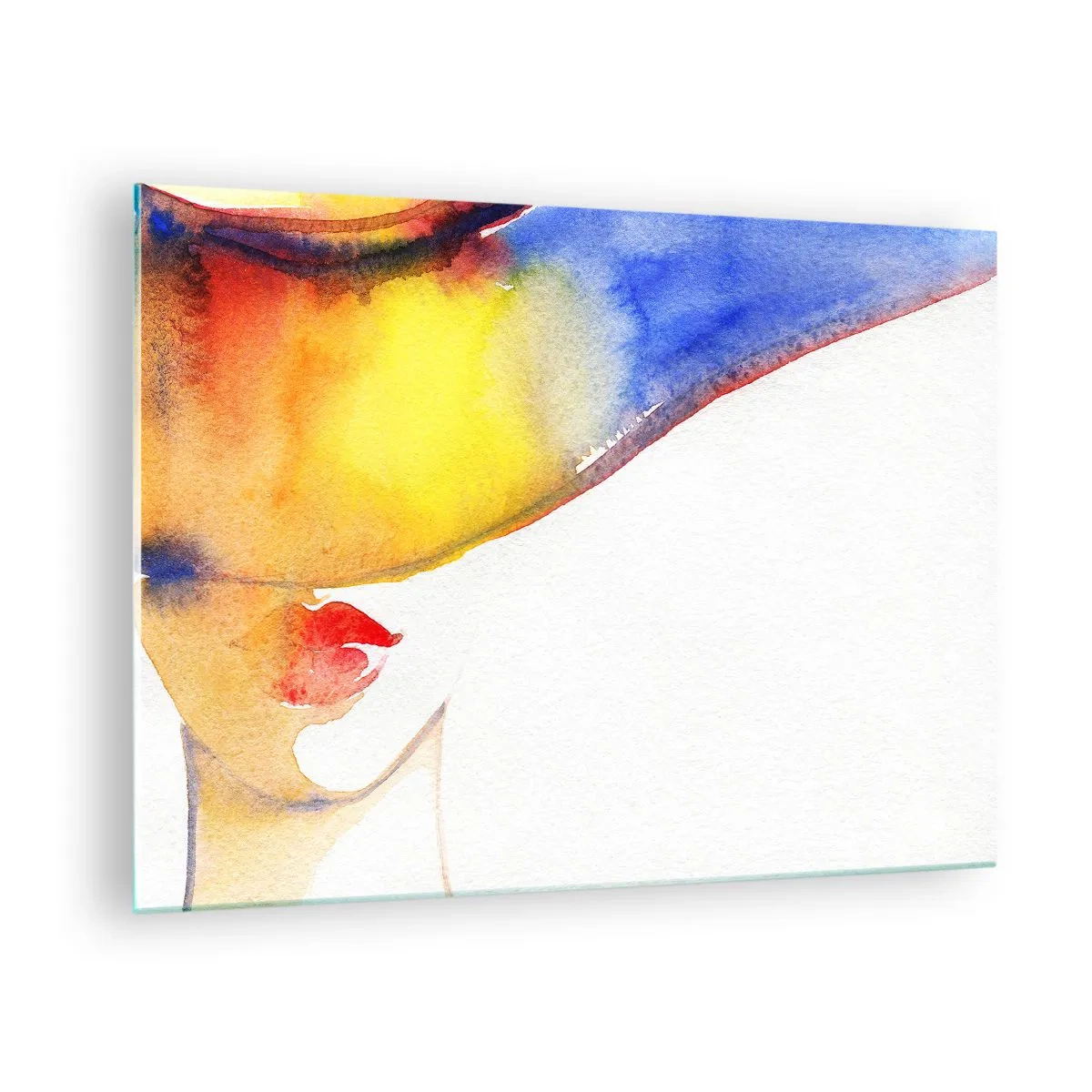 Quadro su vetro - Ritratto di una donna in un'astrazione colorata ad acquerello - 70x50cm - Ritratto di donna - Decorazione murale moderna per soggiorno e camera da letto ARTTOR