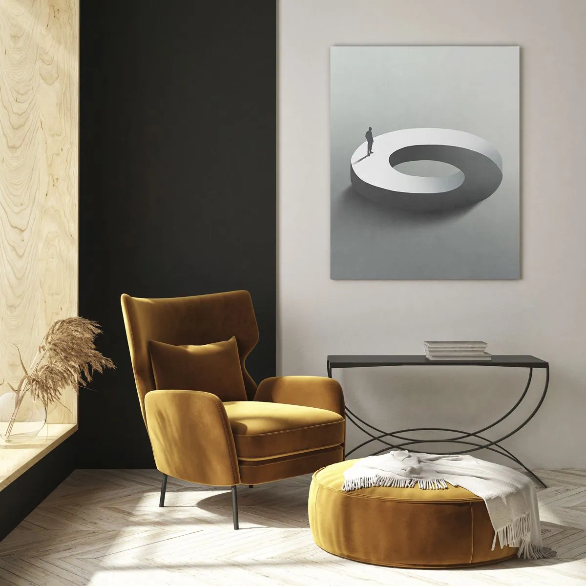 Quadro su vetro - Un uomo su una struttura grigia e astratta - 70x100cm - Prova a cavartela - Decorazione murale moderna per soggiorno e camera da letto ARTTOR