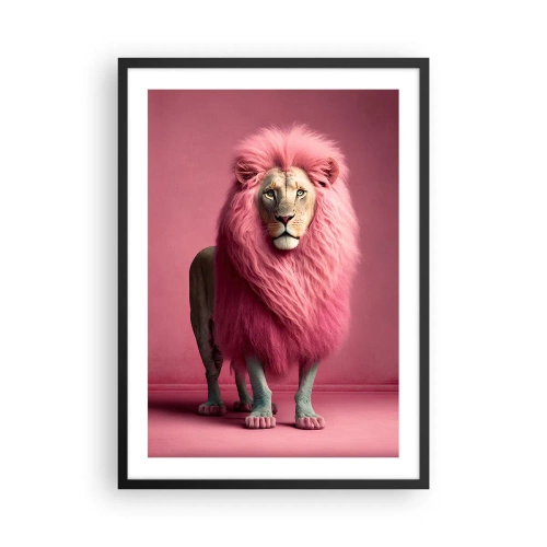 Poster in cornice nera - Un leone con la criniera rosa su uno sfondo rosa - 50x70cm - E non mette più paura - Decorazione murale moderna per soggiorno e camera da letto ARTTOR